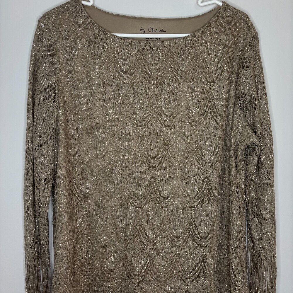 BY CHICO'S Gold Metallic Scallop Hem Fringe Top Womens L Long Sleeve Round Neck - Picture 4 of 7